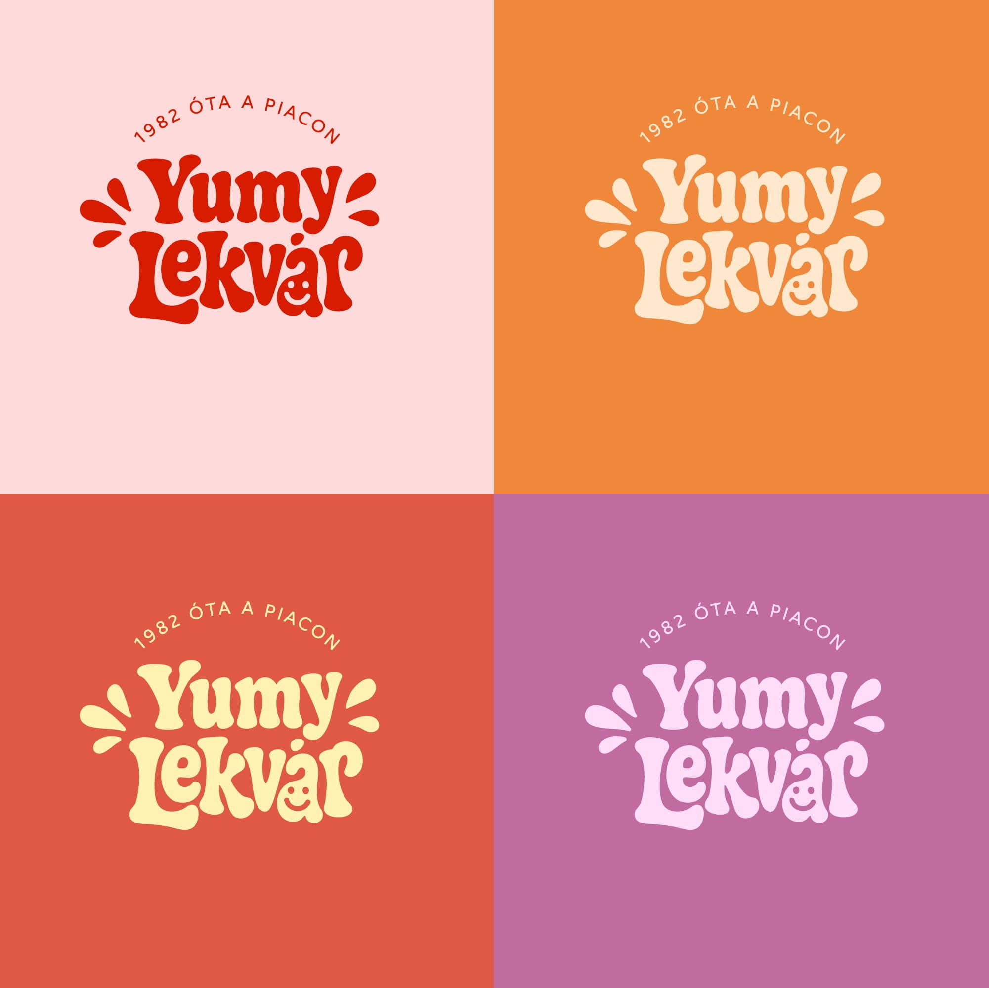 Yumy Lekvár logo in four colourways with the line “1982 óta a piacon”: brand identity by byannas