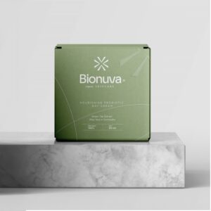 Packaging design for Bionuva Nourishing Probiotic Day Cream in green eco-friendly box. Designed byannas.com.