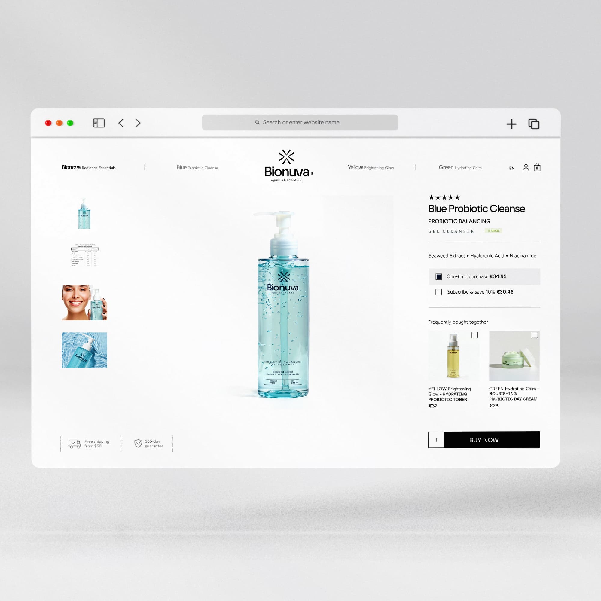 UI design for Bionuva skincare e-commerce product page featuring Blue Probiotic Cleanser. Designed byannas.com.