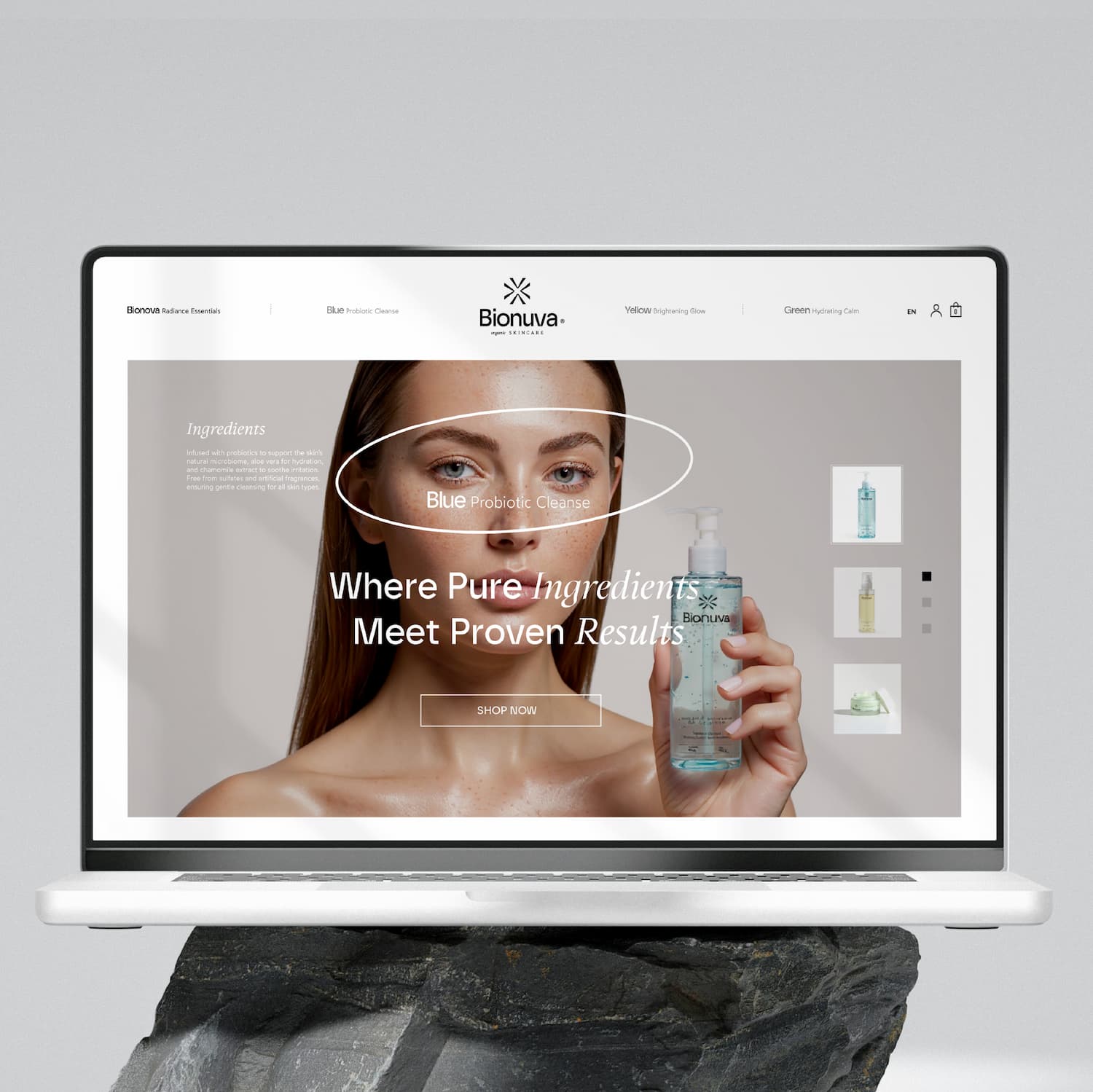Web design for Bionuva skincare homepage hero section, showcasing product and tagline “Where Pure Ingredients Meet Proven Results.” Designed byannas.com.
