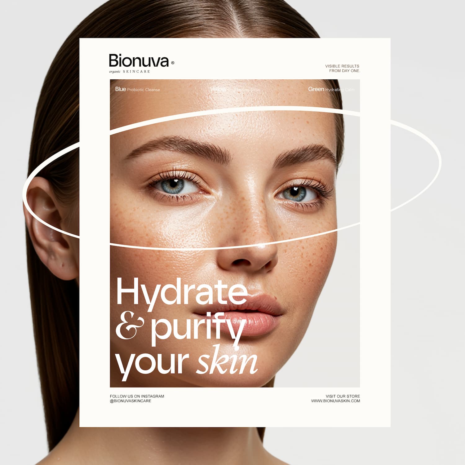 Print-ready poster design for Bionuva organic skincare, featuring a clean beauty editorial style layout. Designed byannas.com.