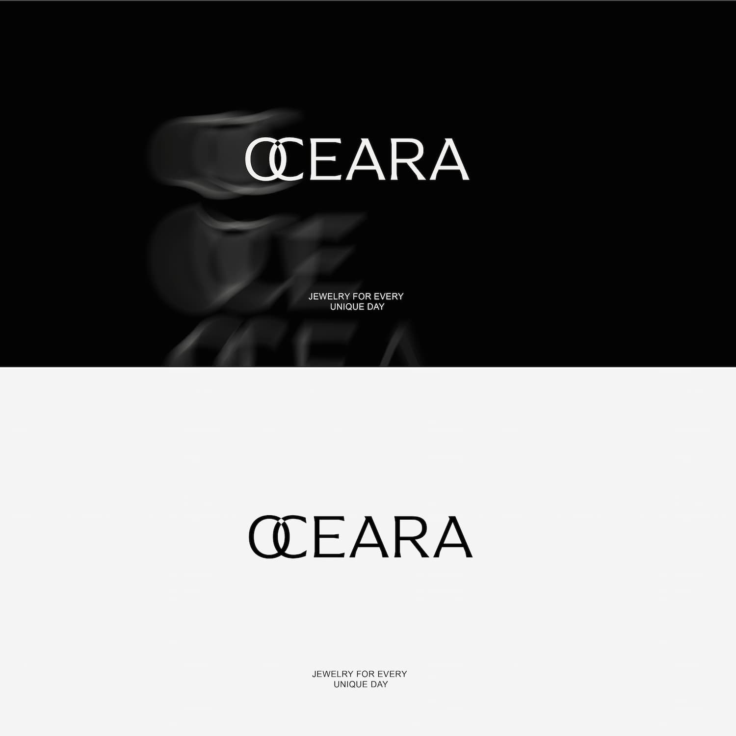 OCEARA brand identity slides showcasing logo and tagline in black and white layouts, created for branding presentation. Designed byannas.com.