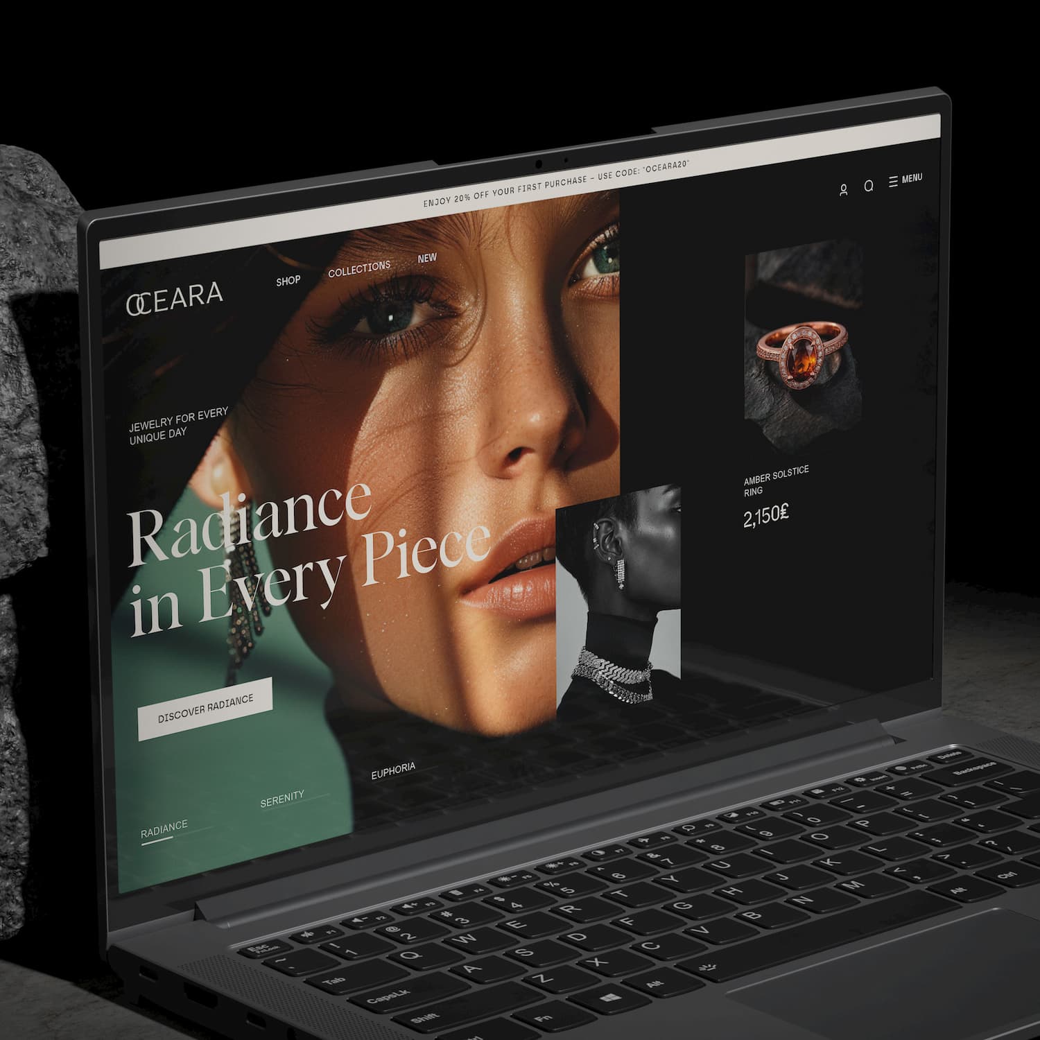 Hero section web design for OCEARA e-commerce site featuring customizable jewelry and the tagline “Radiance in Every Piece.” Designed byannas.com.