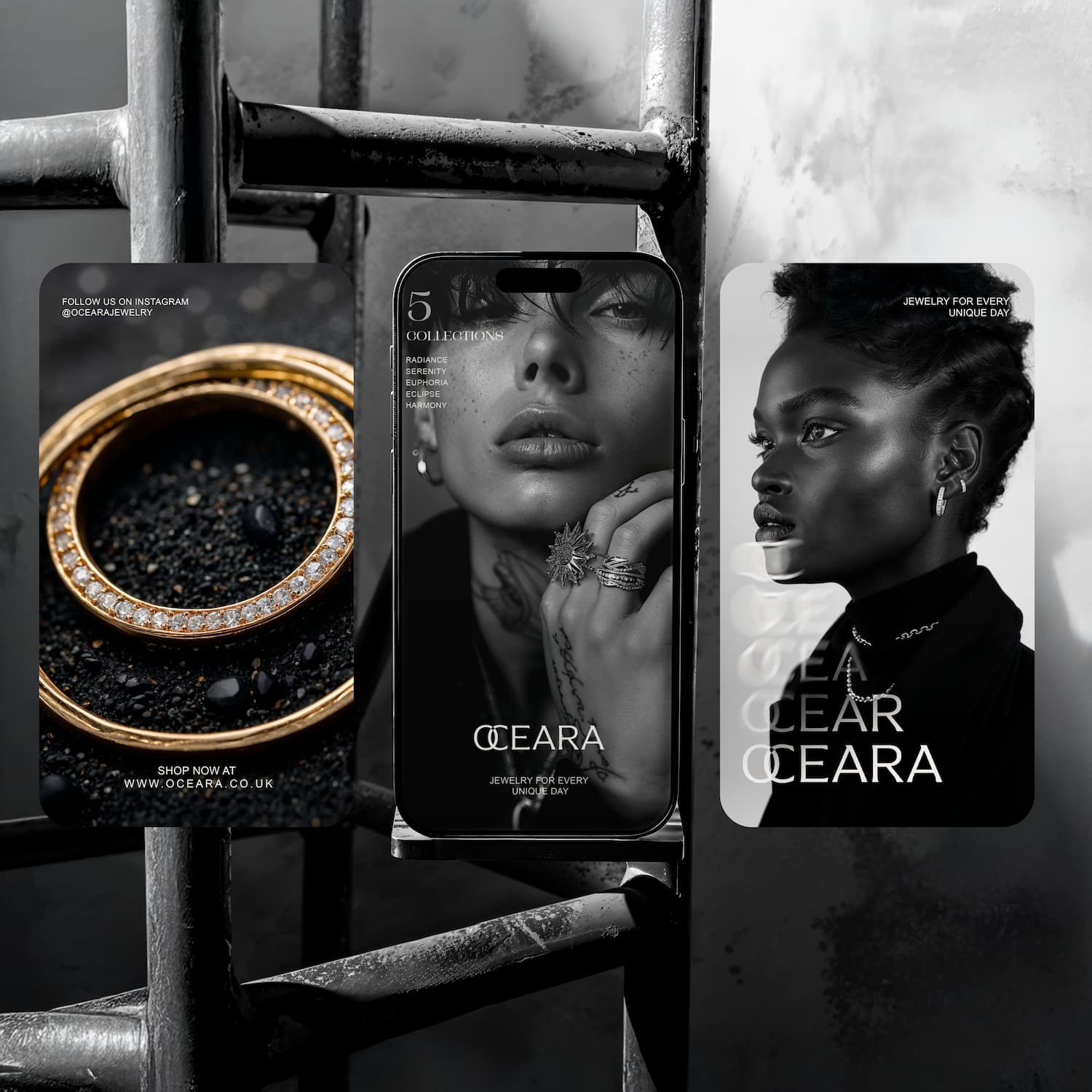 Instagram story design set for OCEARA jewelry, featuring gold rings and models in black-and-white. Designed for social media marketing. Designed byannas.com.