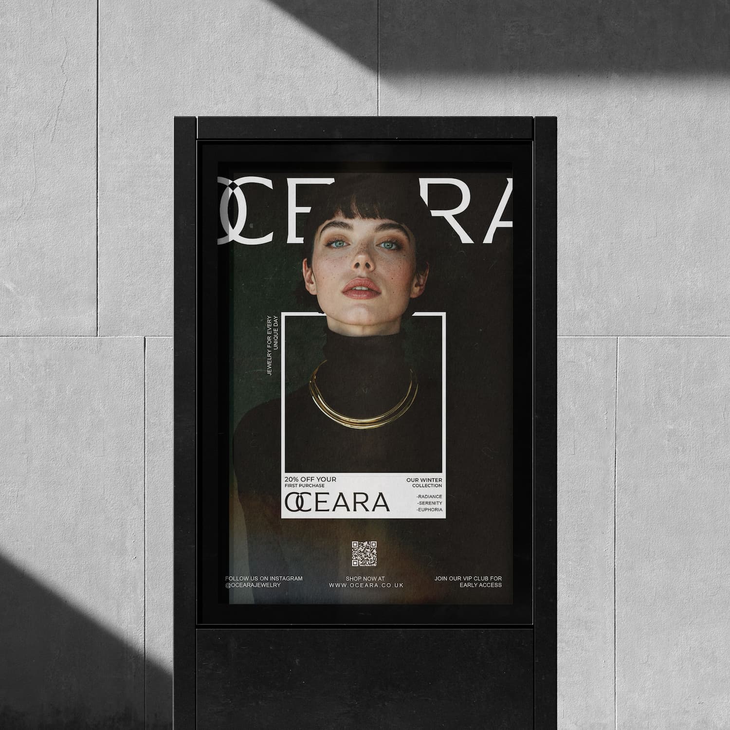 Print-ready poster design for OCEARA customizable jewelry campaign, displayed in a city outdoor frame. Designed byannas.com.