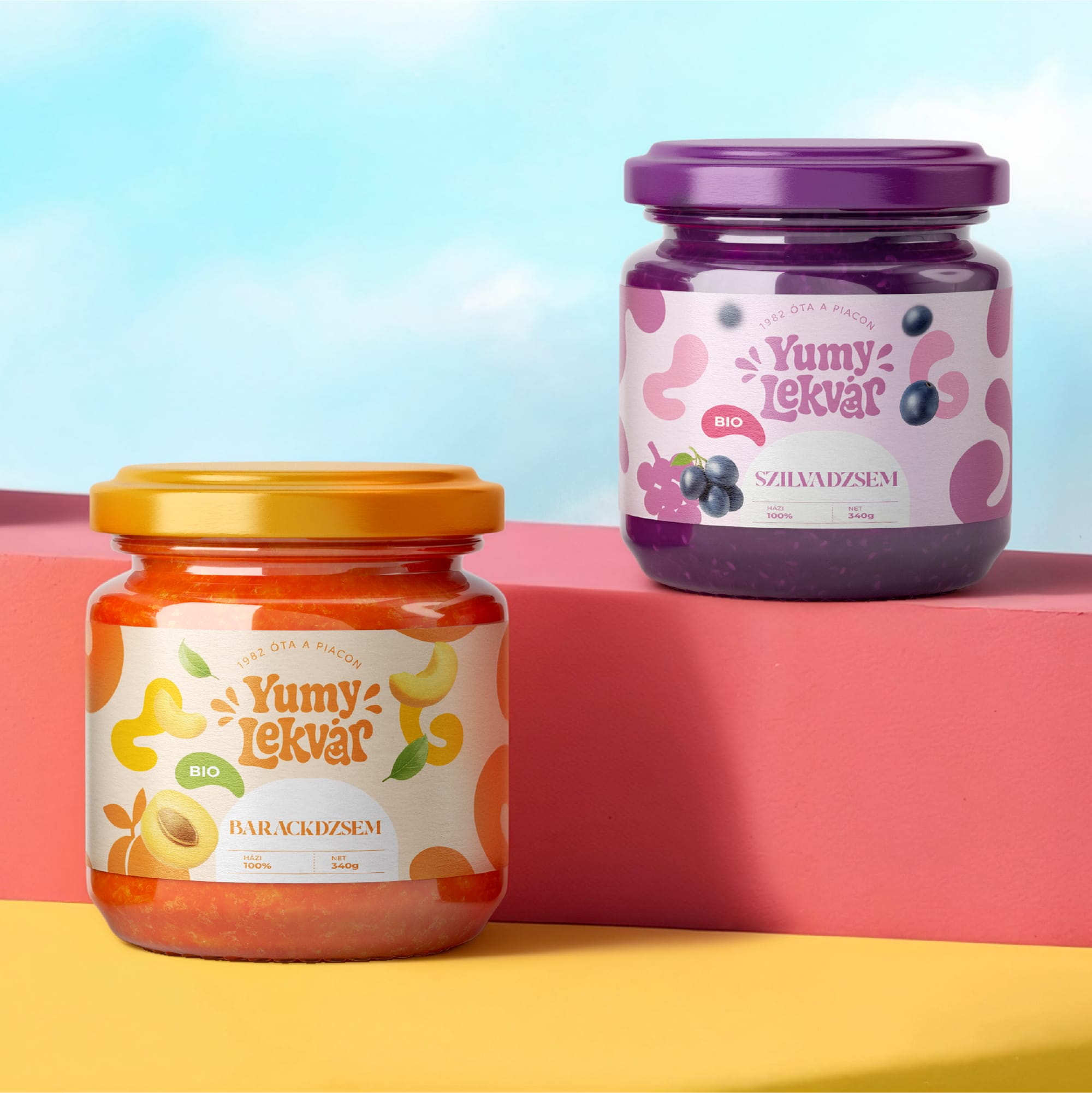 Yumy Lekvár apricot and plum jam jars on pink and yellow steps: packaging design by byannas